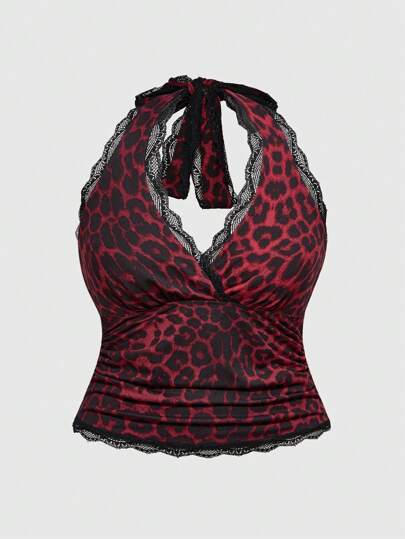 Grunge Punk Plus Size Women Y2K Lace Leopard Print Halter Neck Camisole