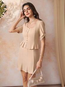 Amorya Set elegante di top corto e gonna da donna di alta gamma, dal design slim fit con colletto quadrato, adatto per l'ufficio, il casual e l'estate