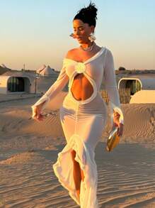 SHEIN Swim SXY Women's New Fashionable Solid Color Sexy Hollow Pleated Edge Mesh Sheer Long Dress, Beachwear Cover Up For Summer - White - View 3