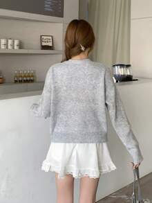 SHEIN Teen Girls Floral Pattern Solid Color Crew Neck Sweater, 3D Flower Decor, Suitable For Winter, Halloween Fall - Light Grey - View 2