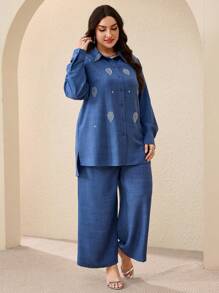 Veilorie 2pcs Plus Size Elegant Business Rhinestone Decor Shirt And Pants Set - Navy Blue - View 3