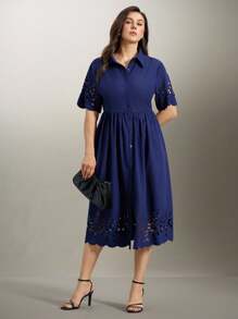 Flouryn Vestito camicia corto trasparente con collo e maniche corte, per donne taglie forti - Blu Navy - Visualizzare 1