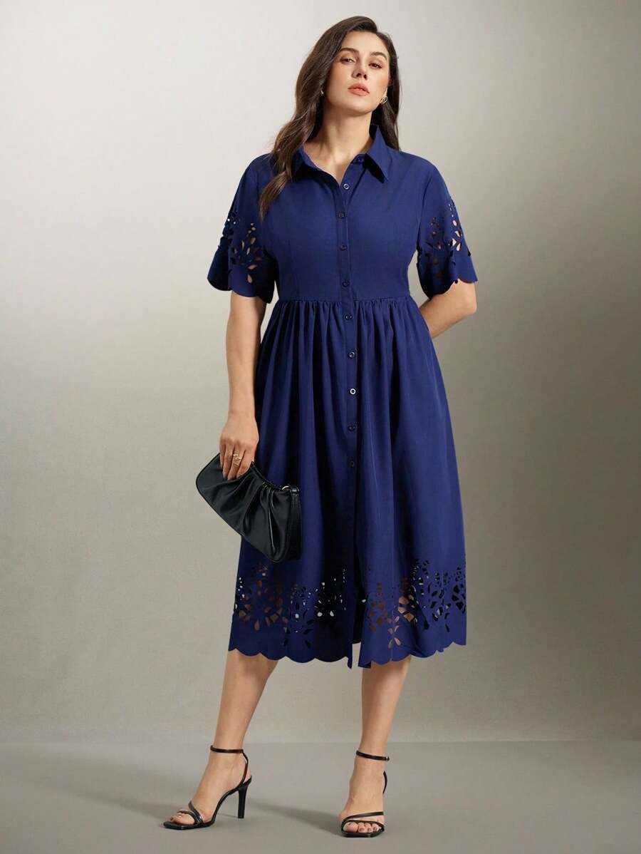 Flouryn Vestito camicia corto trasparente con collo e maniche corte, per donne taglie forti - Blu Navy - Visualizzare 1