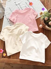 SHEIN Happikins 3pcs Baby Girls Casual Tropical Floral, Hibiscus, Seashell, Starfish Print Round Neck Short Sleeve T-Shirts, Suitable For Spring/Summer, White, Beige, Light Pink