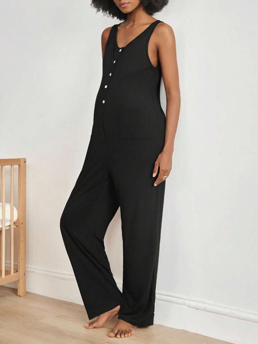 Moonlight&Mama Mono sin mangas de unicolor informal para uso doméstico de verano para mujeres embarazadas - Negro - Ver 1