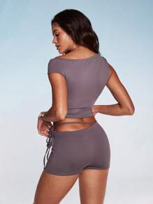 Gameset SHEIN Sport 2pcs Women's Casual Twist Asymmetrical Shoulder Top And Tie-Waist Shorts Set, Spring/Summer - Grey - View 2