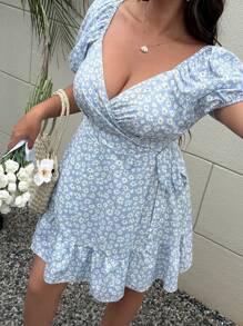 Sunnyshic Plus Size Ditsy Floral Cross Neck A-Line Waisted Summer Vacation Dress - Multicolor - View 7