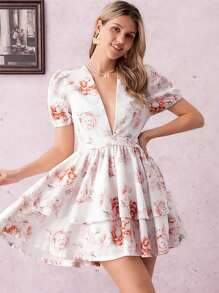 SHEIN Clasi New Sexy & Elegant V-Neck Waist Print Mini Skirt, European And American Style