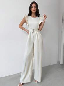 Firerie Bộ đồ liền thân ống rộng cổ tròn xếp nếp cạp cao thanh lịch & lãng mạn thời trang hàng ngày dành cho nữ, mùa hè - Màu be - Xem 5