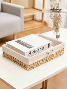 Desktop Storage Box For Cosmetics, Keys, Snacks, Table Clutter, Living Room, Entrance, Household Rattan Storage Basket, Woven Frame - apricot bow - View 5