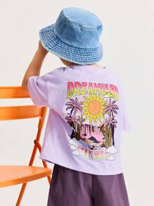 Leap Crew Leap Crew 男童休闲宽松圆领短袖落肩T恤和短裤套装 - 紫色 - 查看 2