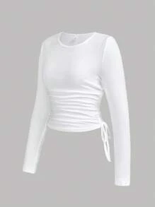Girlism T-shirt à encolure ras du cou texturé blanc avec taille sinuée et cordon de serrage sur les côtés, pour adolescentes - Blanc - Voir 5
