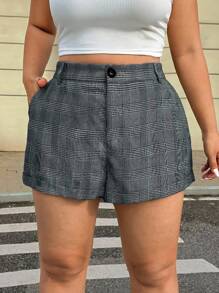 SHEIN EZwear Plus Size Women Loose Casual Houndstooth Pocket Shorts, Spring - Blue and White - View 5