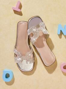 Mini mi 儿童透明闪亮银色水钻 H 型拖鞋凉鞋 - 舒适、奢华、永恒的风格 - 銀色 - 查看 3