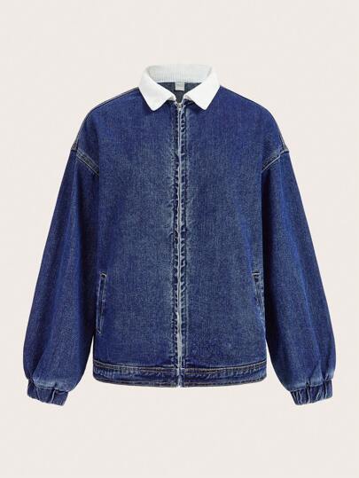 SHEIN Unity Women Casual Color Block Lapel Zip-Up Raglan Loose Denim Jacket