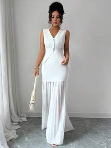 Elenzga Completo elegante e alla moda da donna composto da una blusa senza maniche con scollo a V, vita stretta e balza con orlo in rete, abbinata a una gonna minimalista vintage