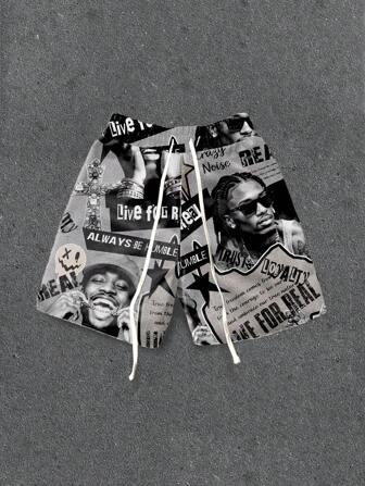 Manfinity ZONE917 Men's Hip Hop Character Black & White Newspaper Cut-Out Print Loose Shorts