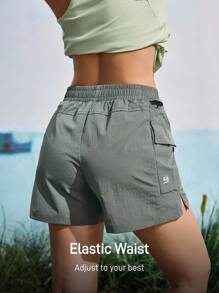 SHEIN In My Nature Pantaloni scurți de antrenament pentru femei, culoare solidă, cu talie elastică, cu buzunar cargo