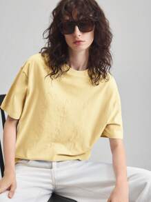 Ontre 2025夏季欧式休闲商务女装度假沙滩生日派对教师节乡村音乐节纯色短袖T恤简约时尚适合夏季蓝色刺绣T恤优雅都市通勤优雅时尚教师节基本款上衣