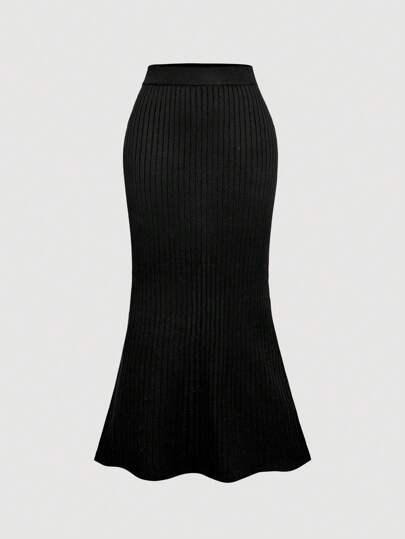 SHEIN MOD 复古黑色低腰开衩超长针织裙休闲舒适通勤