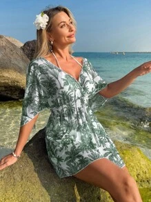 Swim Lushoire 海滩度假服装 女式热带印花透明网眼宽松腰部 V 领中长款海滩罩衫 - 彩色 - 查看 5