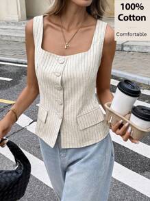 Siren Gaze 女式 100% 纯棉休闲方领无袖条纹衬衫，适合夏季复古硬币设计，适合办公室穿着，商务休闲女士日常通勤穿着女士衬衫夏季海滩度假女士西部装女士工作夏季上衣女士夏季秋季 7 月 4 日教师