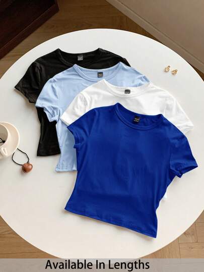 SHEIN Tall CURVE 加大码 4 件纯色短款短袖修身女式 T 恤套装，适合夏季