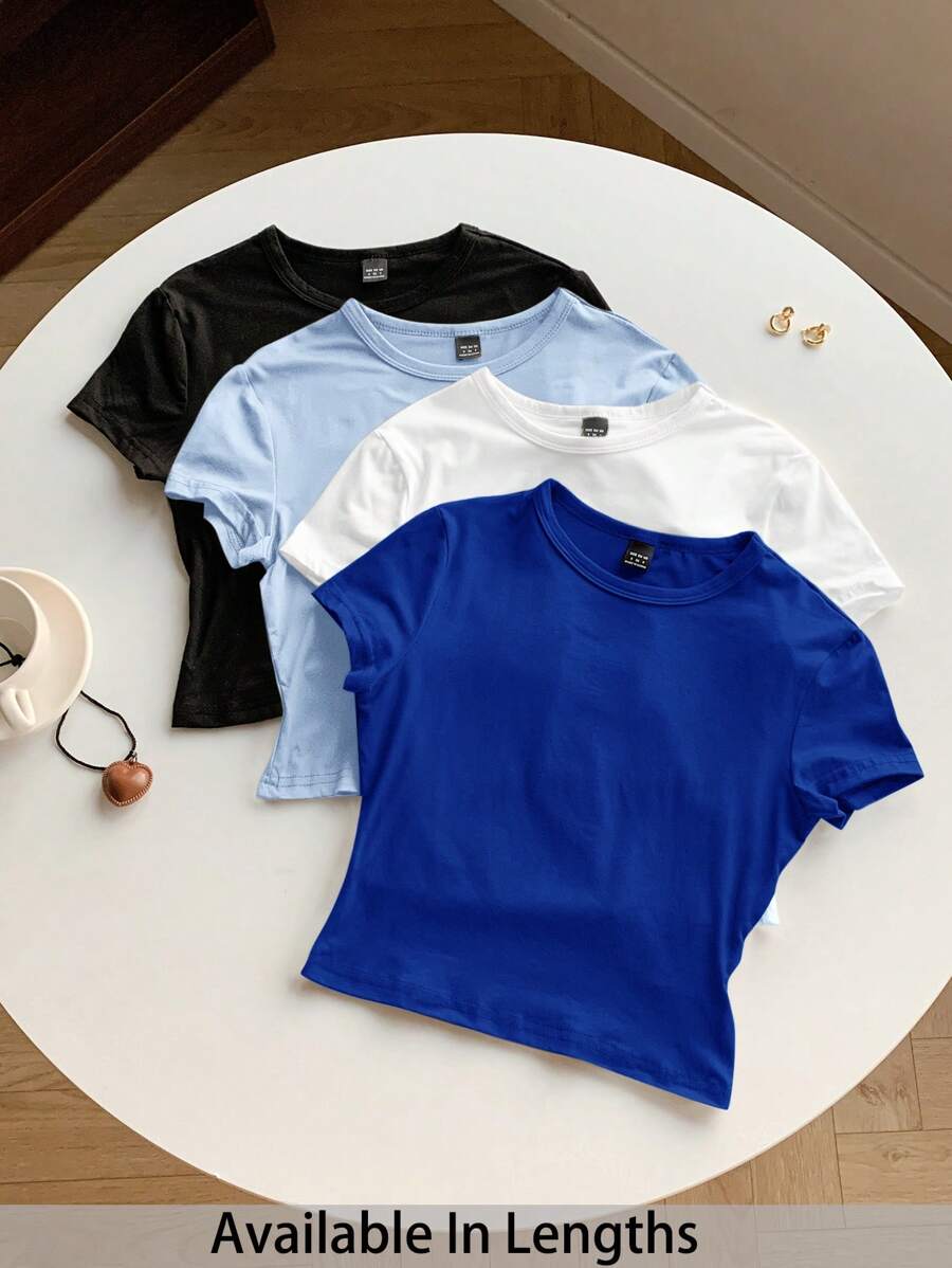 SHEIN Tall CURVE Bộ áo thun nữ tay ngắn cắt cúp trơn 4 món cỡ lớn, phù hợp cho mùa hè - Nhiều màu - Xem 1