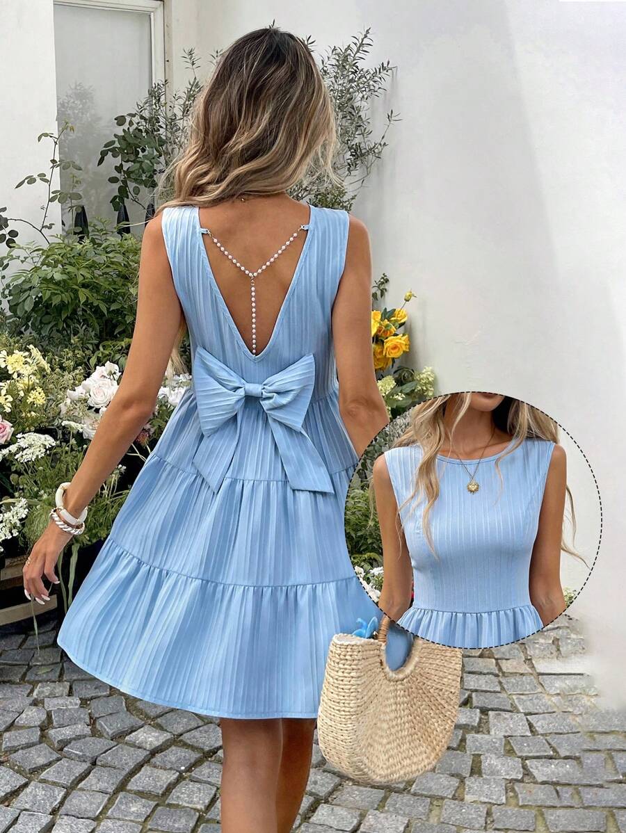 SHEIN LUNE Lässiges Damen Minikleid mit Schleifendekor und Perlen-Kette - Blau - Übersicht 1