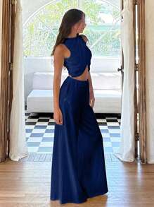 Cloudara Sencillez elegante: Conjunto de top corto drapeado de cuello redondo y Bottom a juego