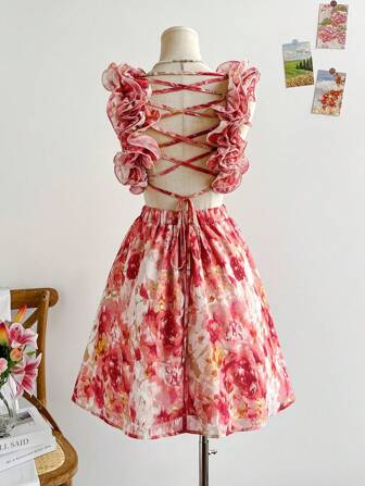 Soleia Robe d'été élégante en mousseline de soie à imprimé floral intégral avec encolure à lacets et dos croisé