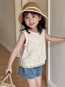 DAZY 女童圆领蕾丝休闲无袖衬衫 - 杏色 - 查看 6