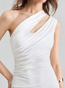 Ontre 2025 Women's Solid Color Hollow Asymmetric Neckline Ruched Sleeveless Dress, Suitable For Independence Day, Beach, Graduation, Office