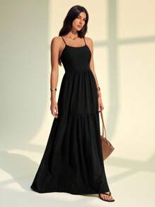 SHEIN Tall Women's Solid Color Simple Casual Backless Spaghetti Strap Black Dress