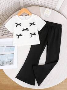 2pcs Girls Casual Comfortable Black Bow Decor Round Neck Short Sleeve T-Shirt & Milk Silk Flared Pants Set - Black and White - View 3