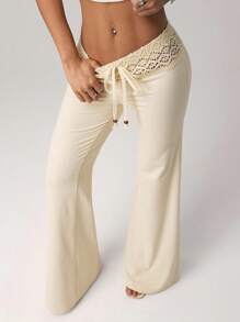 SHEIN ICON Women's White Knit Waistband With Beaded Drawstring Straight Loose Casual Resort Pants