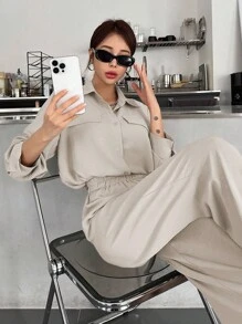 DAZY 2pcs Women Solid Color Button Front Long Sleeve Top And Elastic Waist Pants Set,Fall Women Clothes Lounge Sets For Women - Beige - View 5