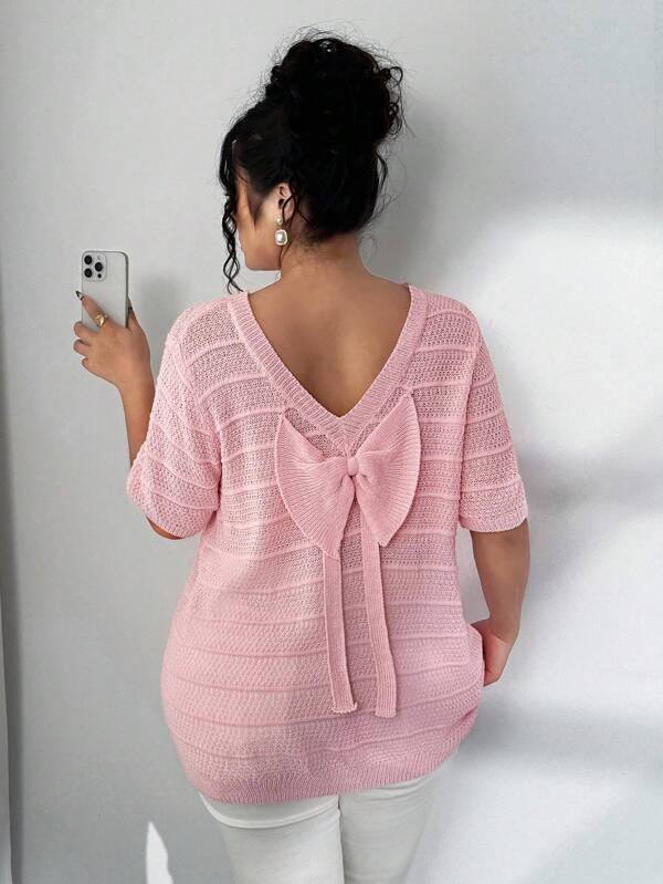 Elenzga Plus Size Bow Decor Short Sleeve Pullover Sweater, Casual & Chic, Suitable For Outing And Party, Summer & Autumn