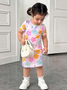 SHEIN Baby Mädchen Lässig anliegendes Kurzarm Strick Kleid mit buntem Blumen Muster