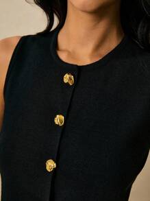 Poéselle 女士休闲纯色前扣针织背心，夏季，黑色纽扣上衣，女士黑色上衣，短款上衣，纽扣背心，无袖上衣，女士外出上衣，秋冬季上学上衣