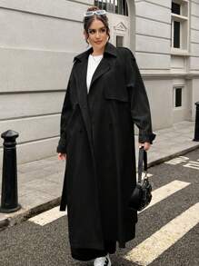 SHEIN EZwear Women Plus Size Long Sleeve Casual Black Long Trench Coat - Black - View 2