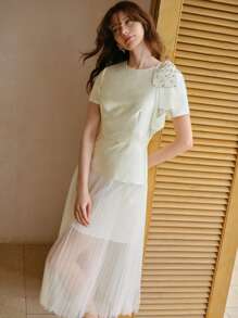 MOTF STUDIO 蝴蝶结细节撞色网布褶饰连衣裙 - 杏色 - 查看 4