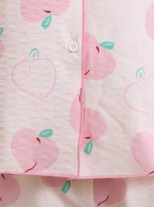 SHEIN 女童水果印花 V 领短袖上衣和宽松裤子两件套睡衣套装 - 米色 - 查看 6