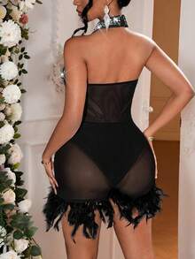 Slaydiva Bộ đồ liền thân đính hạt đá pha lê gợi cảm thanh lịch cao cấp ngày lễ tình nhân 2024 thời trang mới cho nữ - màu đen - Xem 2