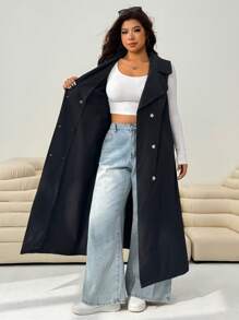 Solflare Women Plus Size Black Sleeveless Casual Trench Coat Sleeveless Blazer Winter Fall Autumn
