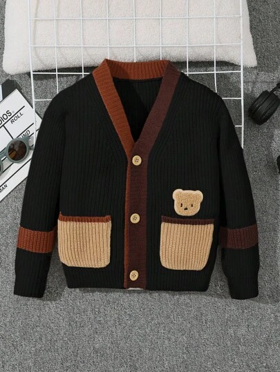 SHEIN Kids Casual Comfortable Style Cute Bear Graphic Design Long Sleeve Cardigan Sweater, Suitable For Outdoor Play, Homewear, Leisure, Street, And Parties,In Fall/Winter