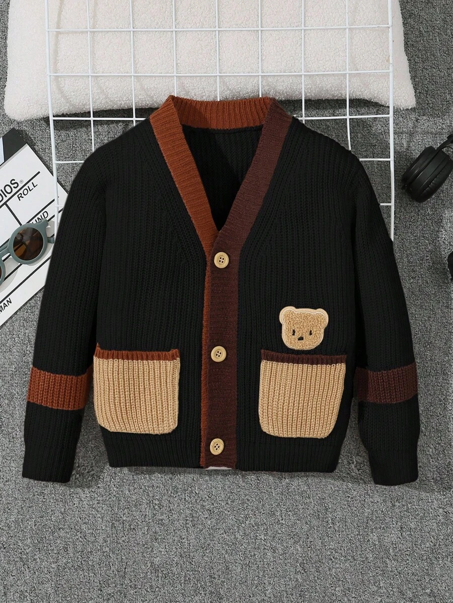 SHEIN Suéter de cárdigan de manga larga con diseño gráfico de oso adorable, estilo casual y cómodo para niños, apto para uso al aire libre, en el hogar, ocio, calle y fiestas - Negro - Ver 1