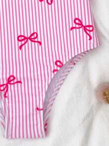 SHEIN Young Girl Knitted Striped Bowknot Design 3D Floral One-Piece Swimsuit Girls Pink Bow Swimsuit Girls Striped Swimsuit One Piece Swimsuit Girls Pink One Piece Swimsuit Girls Swimwear