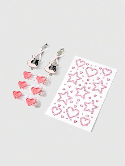 Kawaii Sweet Cute 3D Bow Embossed Glitter And Rhinestone Face Gems Stickers, Transparent Jelly Pink Heart Simple Duck Clip, Y2K Rock Guitar Decor Hairpins, Face Gems And Hair Accessories Combo Set
