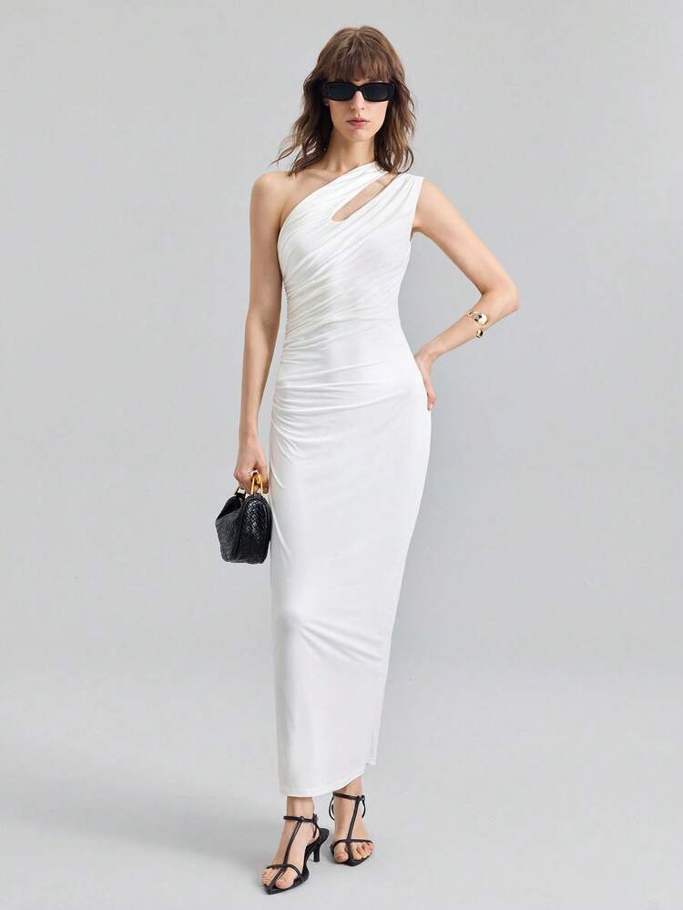 2025 Women's Solid Color Hollow Asymmetric Neckline Ruched Sleeveless Dress, Suitable For Independence Day, Beach, Graduation, Office